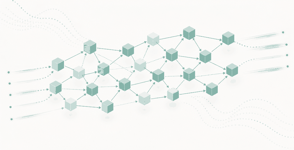 Abstract teal blockDAG-style network of connected cubes and arrows, used as a conceptual visual for Kaspa One Stop.