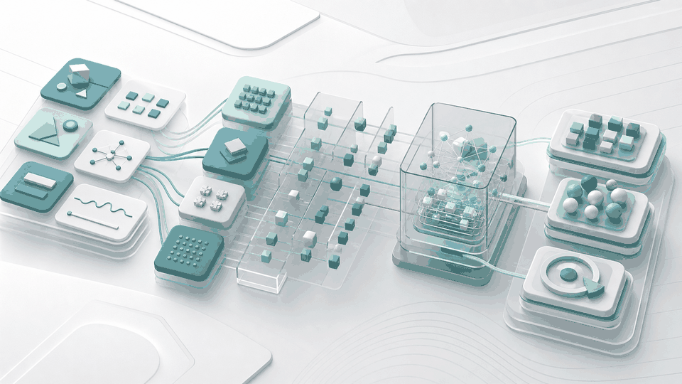 Abstract application architecture visual with app tiles, layered processing, and output modules, used as conceptual support for SilverScript and vProgs pages.