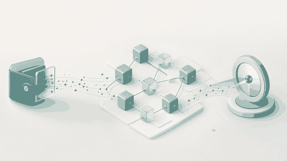 Abstract wallet-to-network visual with connected teal blocks and flowing paths, used as conceptual support for transaction lifecycle pages.